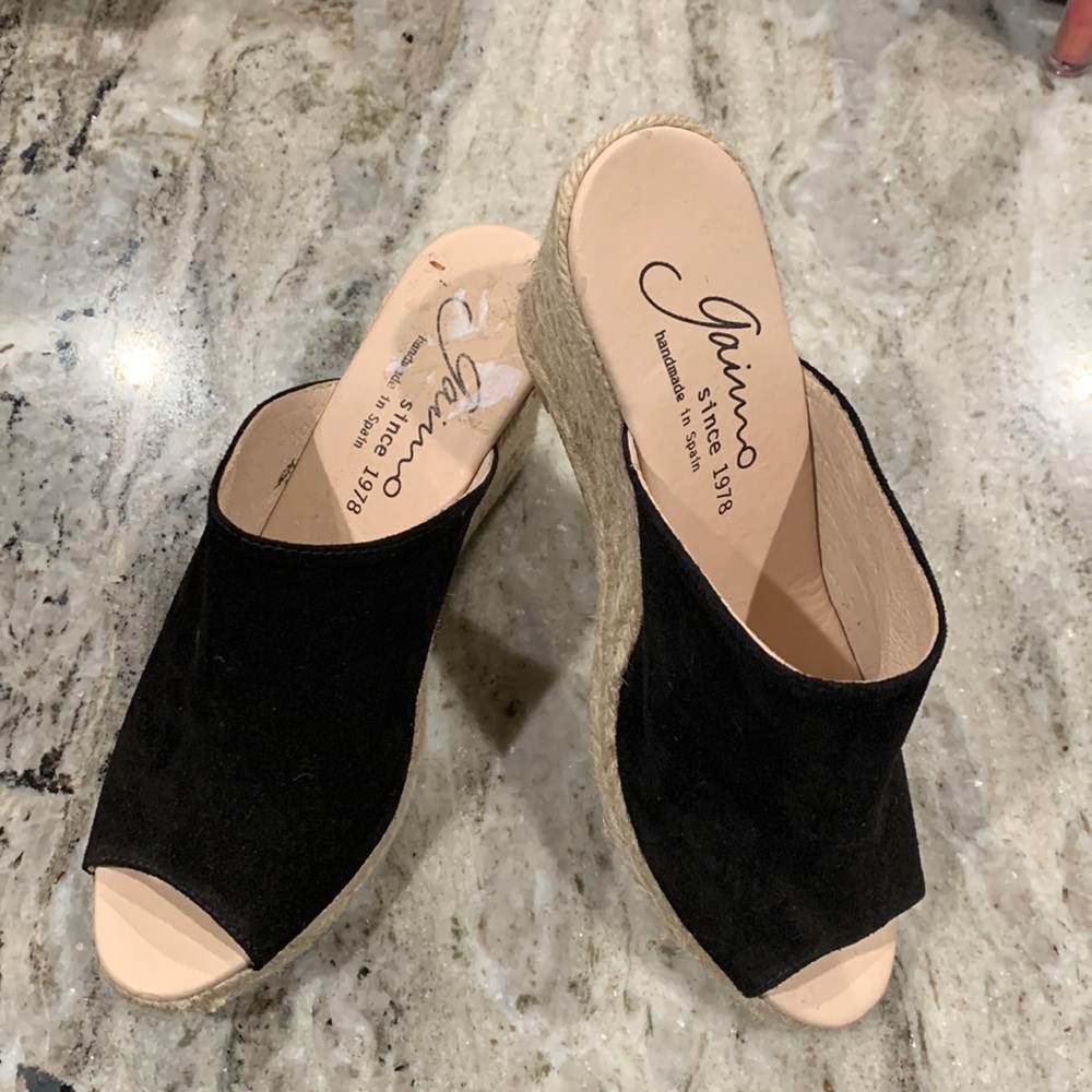 Black suede peep toe wedges